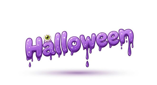 Purple Halloween text with dripping slime effect and an eyeball on the o in a commercial design