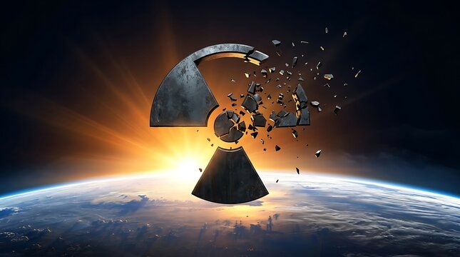 A crumbling radioactive symbol floating above planet Earth in outer space with sunrise.