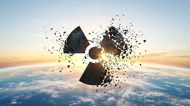 A crumbling radioactive hazard symbol floating above the earth atmosphere at sunset.