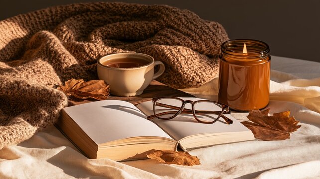 Cozy scene with warm blanket, book, coffee, and candle