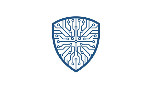 Striking blue shield logo features an intricate circuit board pattern within, symbolizing robust cybersecurity, advanced data protection, and technological security.