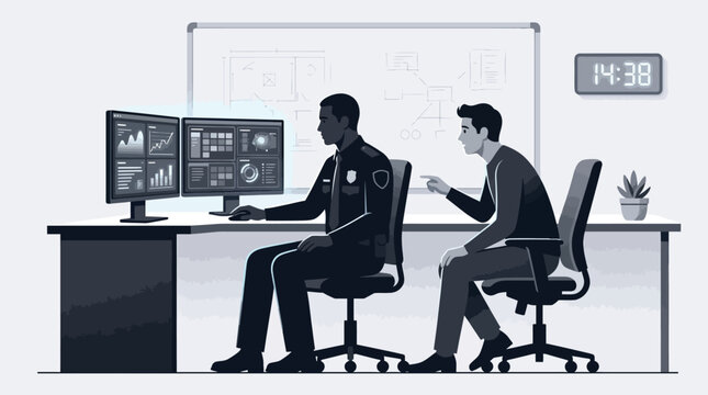 Professional police officer and technical analyst working together at computer monitors in modern grey scale flat vector illustration design style