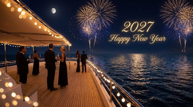 Happy New Year 2027 celebration on luxury yacht, elegant party with fireworks over ocean, festive gala event at sea
