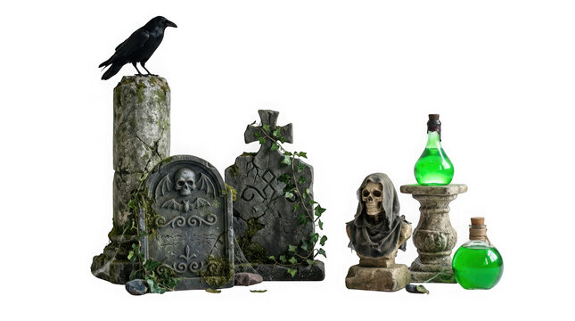 Halloween graveyard scene with tombstones, skull, raven and green potions isolated on transparent background