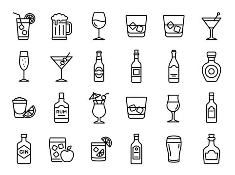 Minimalist Line Art Collection of Various Cocktails and Beverages.