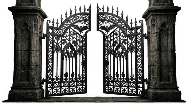 Gothic wrought iron gate with bat ornaments isolated on transparent background