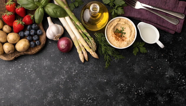 Healthy Fresh Food Ingredients Flat Lay on Dark Rustic Background with Copy Space