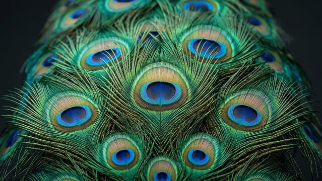 Macro Shot of Vibrant Peacock Feather Pattern with Intricate Eye Shapes