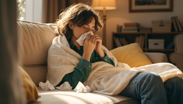 Sick Woman Resting at Home While Suffering from Cold and Flu Symptoms