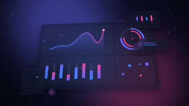 Dashboard interface displaying financial growth metrics with glowing neon charts in this smooth digital animation motion graphic video clip