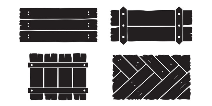 Black Silhouette Vector Set of Wooden Fence Plank and Herringbone Pattern Texture Illustrations