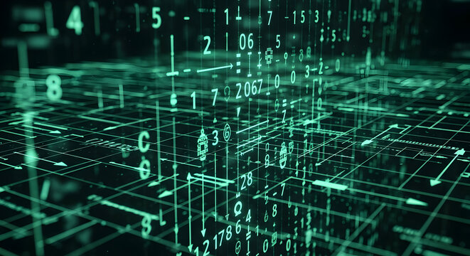 Digital data flow in futuristic cyber network with glowing neon code and binary numbers