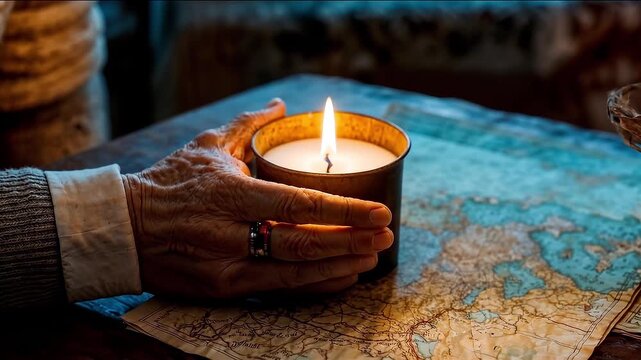 Elderly hands holding a candle over a map