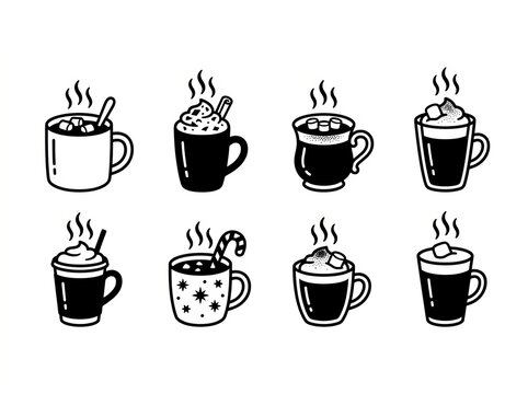 Illustrated Coffee Cups with Steam and Patterns.