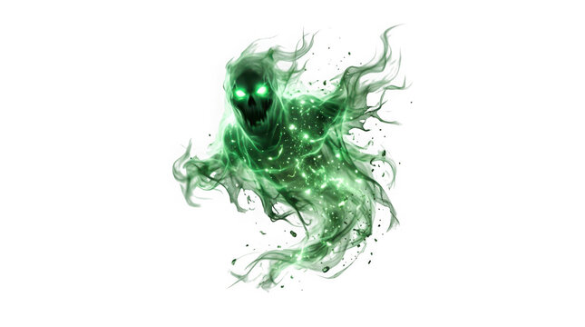 Green ghostly spirit with glowing eyes and smoke effect isolated on transparent background