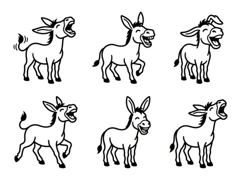 Whimsical Line Art Donkeys and Asses in Silhouette Style.