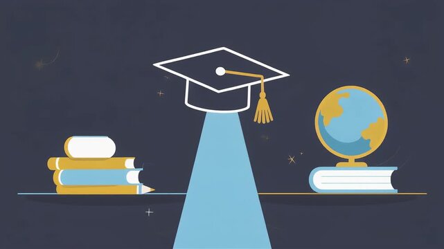 Academic growth shown through animated transition of school notebook and pencil into a graduation cap with globe video motion clip
