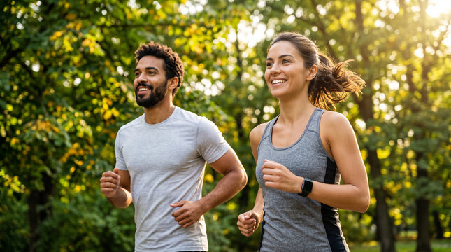 Happy athletic couple running together in sunny green park wearing sportswear during morning workout routine for healthy active fitness lifestyle endurance training and wellness motivation outdoor exe