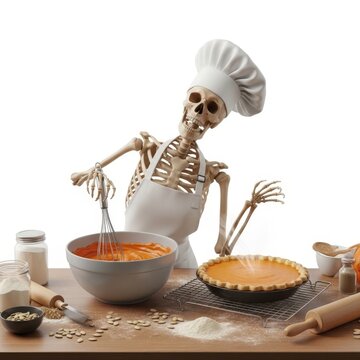 A skeletal chef in a white apron and hat meticulously prepares pumpkin pie