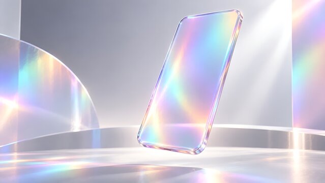 Sleek holographic floating smartphone glass screen, borderless futuristic device, subtle rainbow light refraction, neutral minimal background