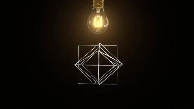 Glowing light bulb illuminating floating geometric shapes shifting in darkness creating a mesmerizing abstract motion animation for creative visual projects
