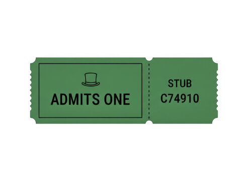 A single green paper ticket for entry that says admits one and stub copy with perforations for a fun event