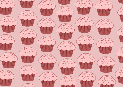 Seamless pattern of sweet baked muffins with frosting on a pink background, ideal for bakery wallpaper, fabric packaging, and culinary vector design