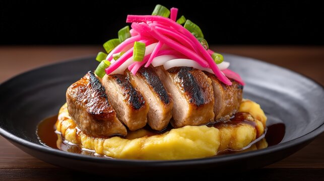 Grilled Zabuton Steak with Mashed Potatoes and Pickled Onions