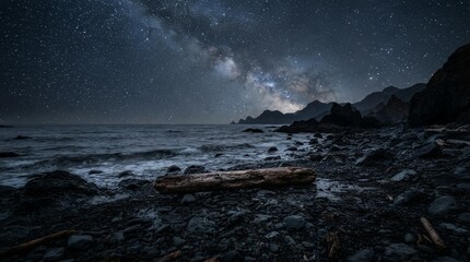 Fototapeta premium Starry night sky over a rocky coastline with ocean waves.