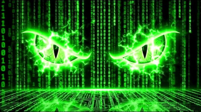 Cyber attack concept with glowing green hacker eyes and digital binary matrix code