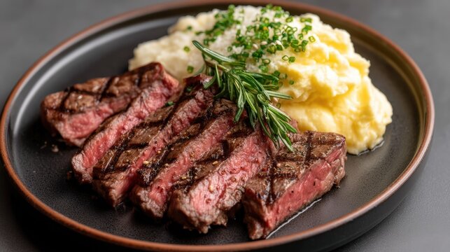 Grilled Zabuton Steak with Mashed Potatoes and Herbs