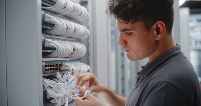 Male IT Engineer Maintains Patch Panel and Switch Connections, Routing Twisted Pair Ethernet Cables Through Rack Organizers to Improve Cable Management, Airflow and Network Infrastructure Operations.