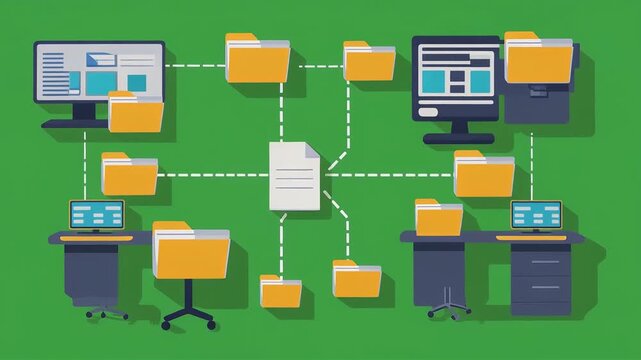 Digital document management workflow animation showing files connecting across computer workstations in a flat vector style office network motion graphic