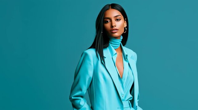 full body Good looking indian woman with long straight hair wearing a tailored teal suit and teal shirt, it looks corporate, she is photographed standing in a studio on a teal background. She is photo