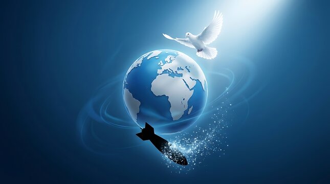 Conceptual illustration of world peace with a white dove flying above planet earth and a dissolving bomb.