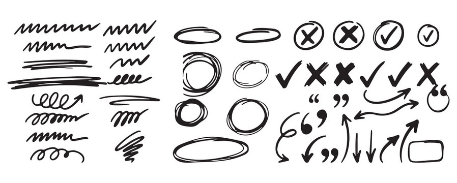 Hand drawn arrow line mark underline check brush doodle sketch highlight. Arrow hand drawn line set.  scribble circle curve tick sign grunge blackboard background. Vector illustration