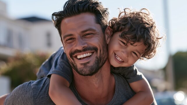 un padre feliz con su hijo sentado en sus hombros. latinos. revista, editorial, limpio --ar 16:9 --profile zzf6gdz --v 8.2 Job ID: 482a2eaf-ca0c-4eb2-9a9c-baa85ae0423d