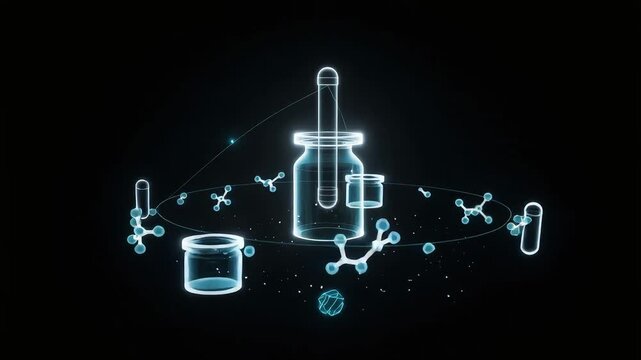 Medical vaccine vials and orbiting molecular structures spinning in a digital blue light animation for advanced pharmaceutical science research video