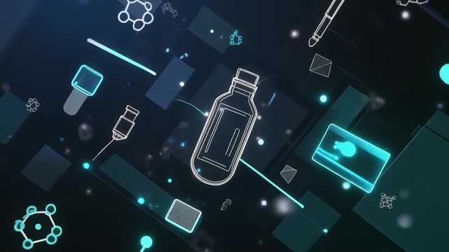 Pharmaceutical medicine bottle surrounded by scientific icons in a dark digital motion background representing laboratory research and health medical technology