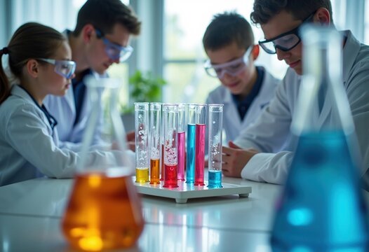Dynamic Science Laboratory Experiment Raw Photo of Test Tubes and Safety Goggles in High-Detail Aesthetic Overhead View