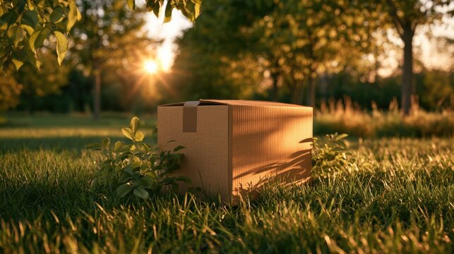 A cardboard box sits on green grass under trees with warm sunlight filtering through the leaves in a serene outdoor setting.