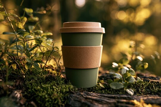 A green reusable coffee cup with a cork lid and sleeve sits on mossy forest ground surrounded by small plants in warm, golden sunlight.