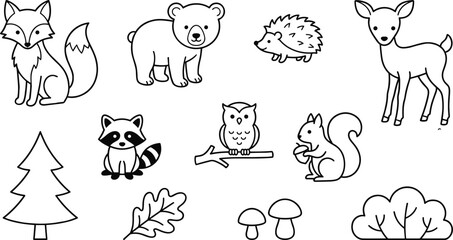 Fototapeta premium Cute Woodland Forest Animal and Nature Outline Icon Set for Kids Coloring Pages, Preschool Activity Books, and Kindergarten Nursery Vector Graphic Designs