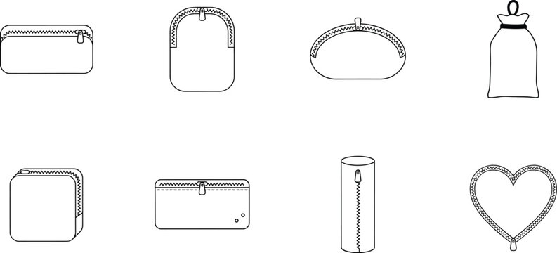 Minimalist cosmetic bag icons, set of 8 line art makeup pouches. Outline beauty case vectors for fashion packaging and web design.