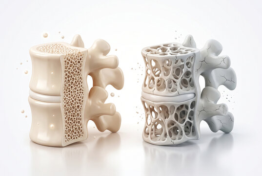 Healthy Bone Versus Osteoporosis Comparison 3D Illustration Showing Dense and Porous Vertebrae with Calcium Ions