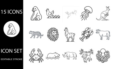Fototapeta premium Wild animals and marine life icon set featuring gorilla, hippo, dragon, jellyfish, kangaroo, leopard, lion,n llama, lobster,bste,r cow, crab, rhino, monkey, and octopus line art vector. illustrations