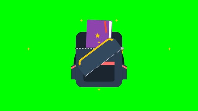 Animated School Backpack Opening and Revealing a Purple Book on Green Screen