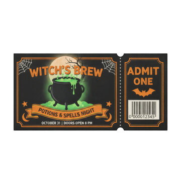 Pixel art halloween party ticket featuring a witch brew cauldron and admit one text for a spooky event
