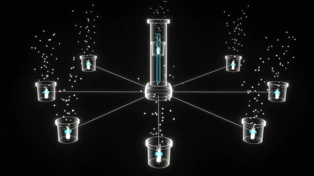 Schematic digital infographic showing glowing blue central energy source distributing light pulses to peripheral containers in this animated motion clip