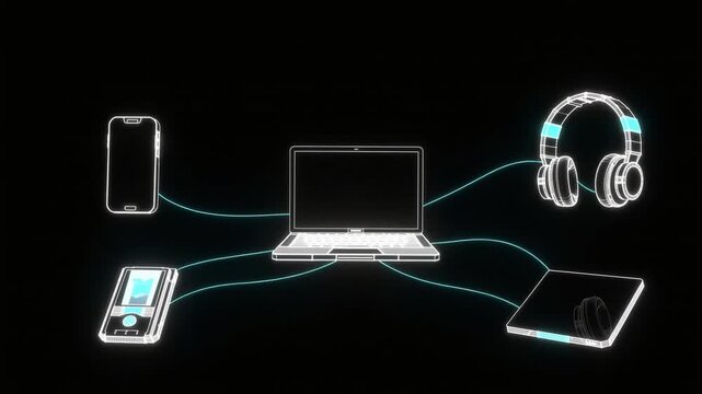 Digital laptop center connecting peripheral electronic devices in a high tech network glowing wireframe animation video for global data communication
